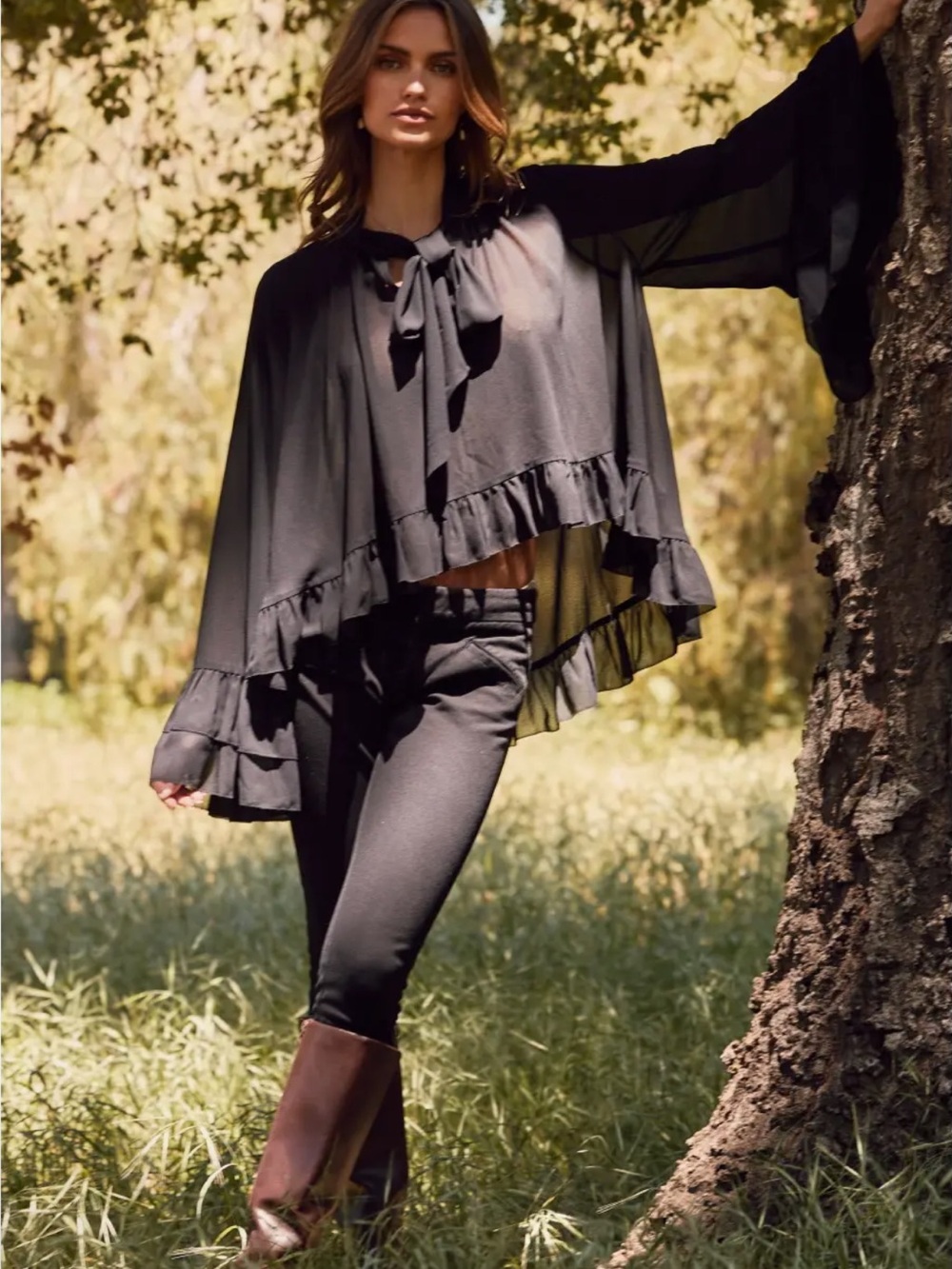 700. Oddi chiffon ruffle bell sleeve sheer blouse